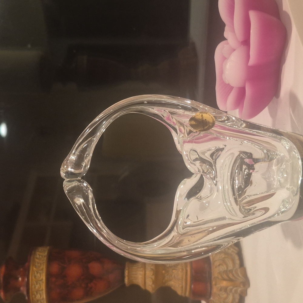 Vintage Hand Blown Clear Art Glass Basket Vase By Action International